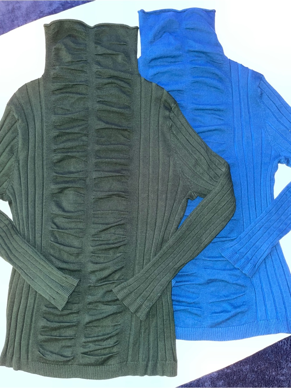 Two Women's Ribbed Turtleneck Sweaters - Dark Green & Deep Sea Blue
